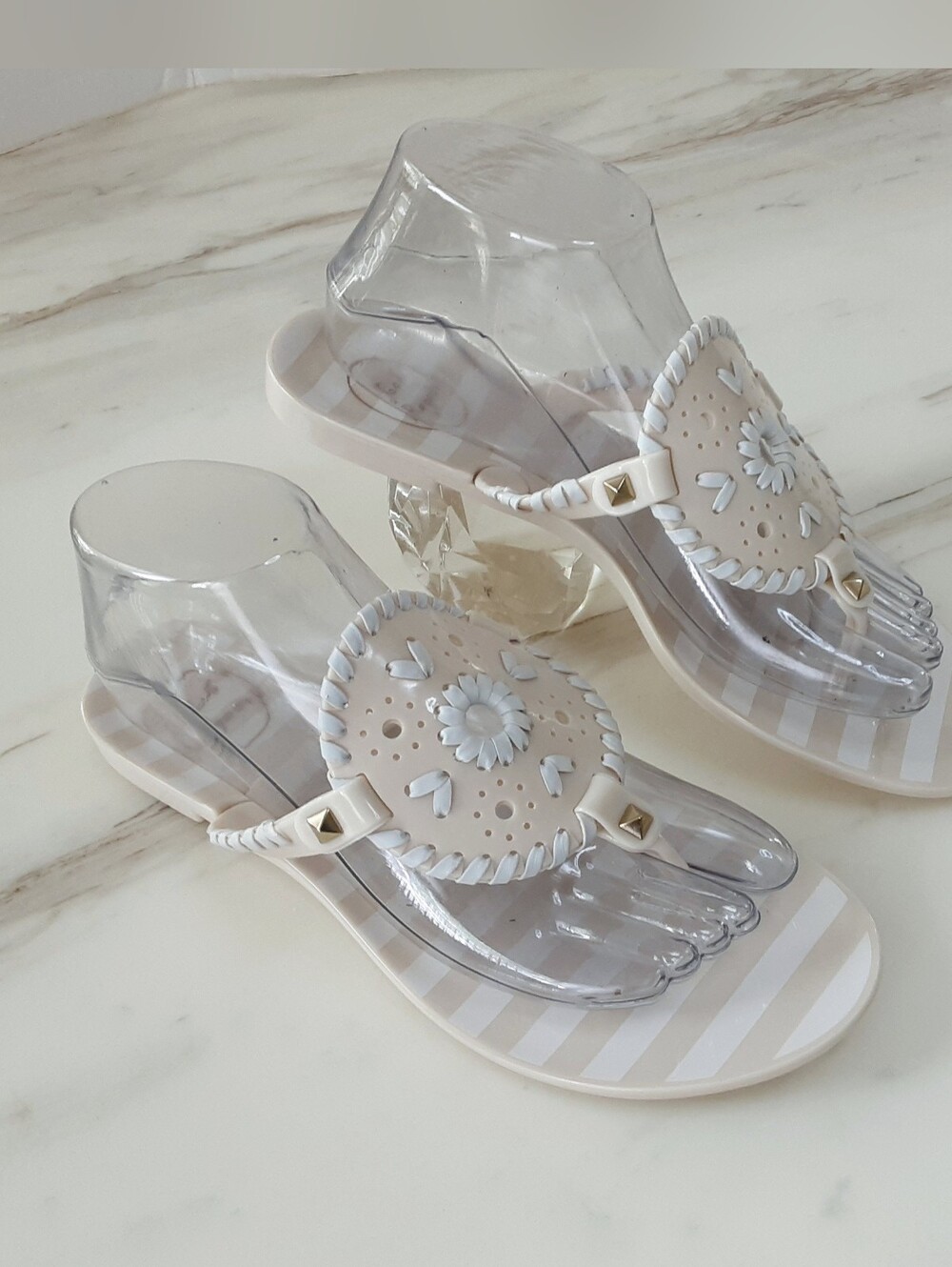 JACK ROGERS Georgica Striped Bone | White Floral T-Strap Thong Sandal Sz 8